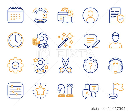 Business line icons. Language translate, Chess strategy and Notice alert set. Profile headshot, location place and annual calendar line icons. Avatar placeholder, business chess strategy. Vector 114273934