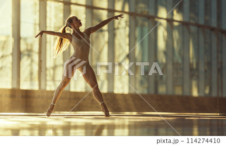 A blonde ballet dancer in white attire and pointe shoes showcases her grace during a sunset performance. 114274410