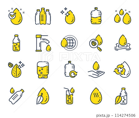 Water drop line icons. Set of Bottle, Antibacterial filter and Tap water linear icons. Bacteria, Cooler and Refill barrel bottle. Liquid drop, antibacterial cleaner and drink machine, tap. Vector 114274506