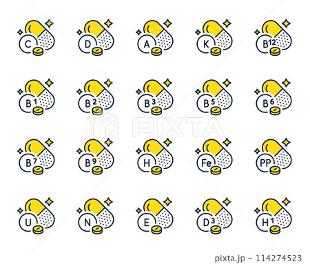 Vitamins line icons. Food supplements capsules,...のイラスト素材 [114274523 ...