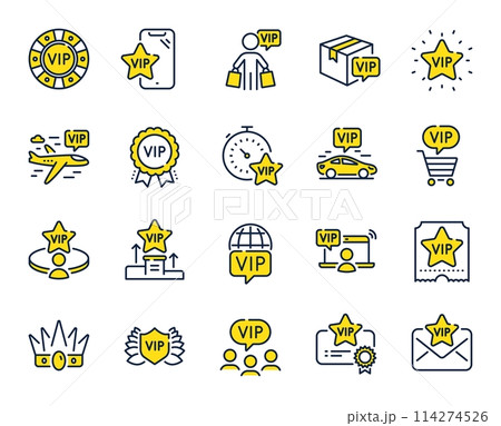 Vip line icons. Casino chips, very important person, delivery parcel. Certificate, player table, vip buyer icons. Crown, casino ticket, business class flight. Membership privilege. Vector Vip line icons. Casino chips, very important person, delivery parcel. Certificate, player table, vip buyer icons. Crown, casino ticket, business class flight. Membership privilege. Vector 114274526