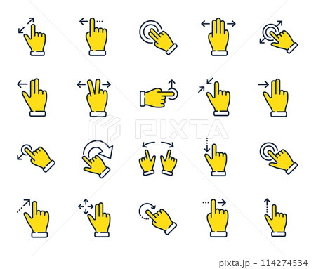 Touchscreen gesture line icons. Hand swipe, Slide gesture, Multitasking icons. Touchscreen technology, tap on screen, drag and drop. Smartphone mobile app or user interface. Vector 114274534