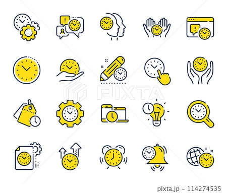 Time management line icons. Alarm clock, timer plan and project deadline signs. Countdown clock, time log and appointment reminder icons. People work, watch and office timer. Vector 114274535