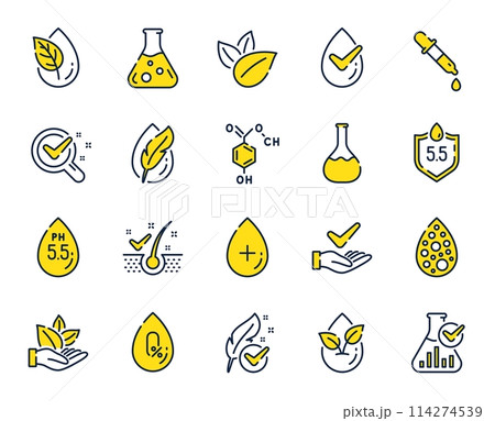 No artificial colors, Anti-dandruff flakes free line icons. Dermatologically tested, Alcohol free and Paraben chemical formula icons. Hypoallergenic tested, Neutral ph and Organic. Vector 114274539