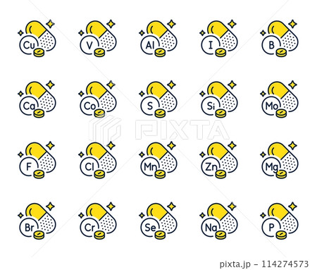 Minerals line icons. Food supplements capsules, Multivitamin pills and Healthy nutrition set. Chemistry minerals, aluminium capsules and calcium vitamins line icons. Magnesium and zinc pills. Vector 114274573