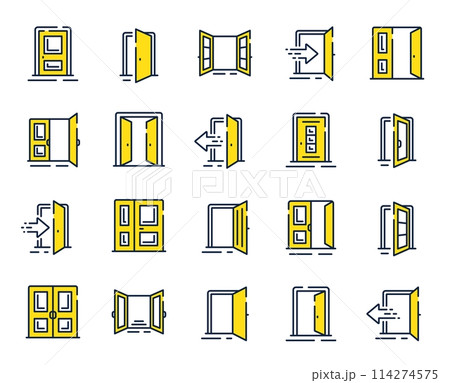 Entrance line icons. Open door, Building entry, Emergency exit. Closed doorway, Doorframe, House entrance outline icons. Door knob, home entry, building access. Interior gate, double door. Vector Entrance line icons. Open door, Building entry, Emergency exit. Closed doorway, Doorframe, House entrance outline icons. Door knob, home entry, building access. Interior gate, double door. Vector 114274575
