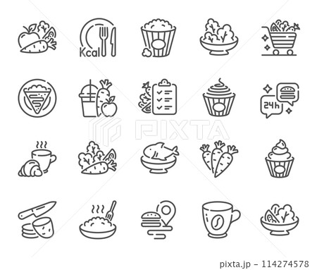 Healthy food line icons. Salad with arugula, Cook meal and Diet menu set. Crepe, popcorn food and porridge line icons. Healthy carrots vegetable, fast food delivery and Kcal menu. Vector 114274578