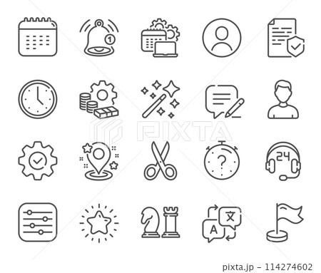 Business line icons. Language translate, Chess strategy and Notice alert set. Profile headshot, location place and annual calendar line icons. Avatar placeholder, business chess strategy. Vector 114274602