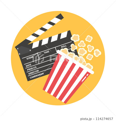 Cinema emblem with an open clapper board and popcorn bucket. Round yellow background. Vector illustration in flat style 114274657