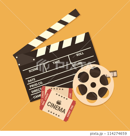 Movie poster template. Retro Cinema background with an open clapper board, film reel and movie tickets. Vector illustration in flat style 114274659