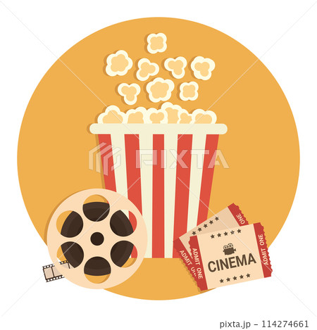 Movie poster template. Retro Cinema emblem with a film reel, popcorn bucket and movie tickets. Vector illustration in flat style Movie poster template. Retro Cinema emblem with a film reel, popcorn bucket and movie tickets. Vector illustration in flat style 114274661