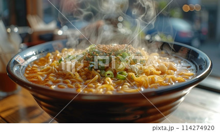bowl of steaming ramen stands on a table in a Japanese cafe 114274920