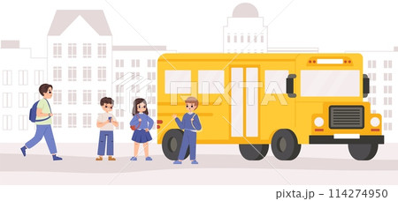 Students waiting school bus in city. Cartoon pupils with backpack, wait line or queue on stop. Different children, education and transportation vector scene 114274950