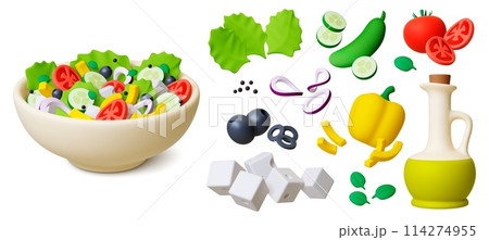 Greek salad 3d render. Fresh vegetables ingredients, tomatoes, onion, olives and olive oil in bottle. Mediterranean cuisine, pithy vector food elements 114274955