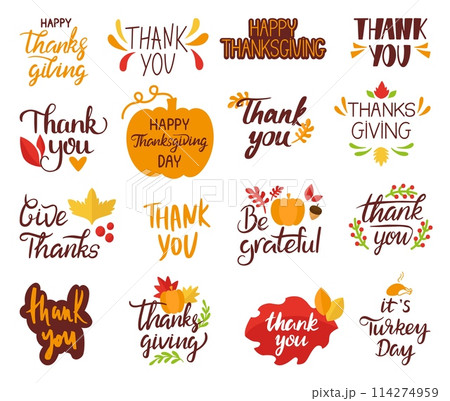 Thanksgiving day lettering. Thanks giving, thank you handwritten phrases. Gratitude phrase, pumpkins and leaves silhouettes, neoteric vector set 114274959