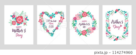 Mothers day cards design. Love mom, best mother creative handwritten phrases and doodle flowers frames and wreath, neoteric vector posters 114274960