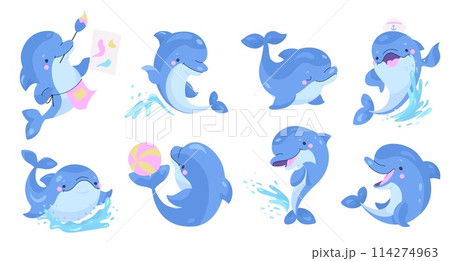 Dolphins characters. Cartoon cute dolphin drawing, play with ball and jump in water waves. Dolphinarium actors, marine animals nowaday vector set Dolphins characters. Cartoon cute dolphin drawing, play with ball and jump in water waves. Dolphinarium actors, marine animals nowaday vector set 114274963