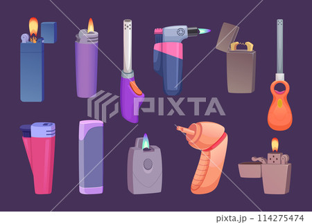 Lighters. Device for smokers making flame portable items exact vector lighters set illustrations in cartoon style Lighters. Device for smokers making flame portable items exact vector lighters set illustrations in cartoon style 114275474