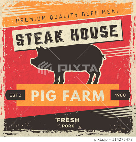 Meat house poster retro placard with pork silhouette and place for text 114275478
