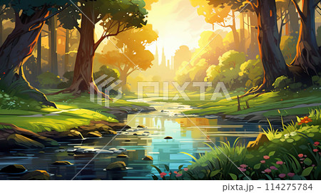 background wallpaper illustrator, Trees in forest , fresh green splash water , yellow ligh sun moorning  , Generate AI 114275784