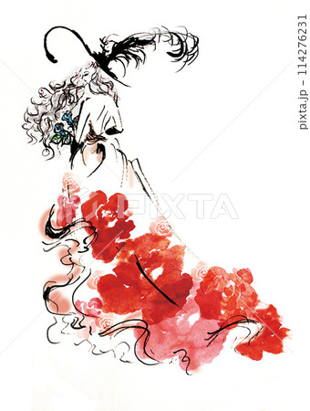 赤い薔薇をモチーフにしたドレスの羽飾りのついた帽子を被った女性の後ろ姿 赤い薔薇をモチーフにしたドレスの羽飾りのついた帽子を被った女性の後ろ姿 114276231