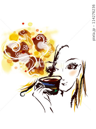 カラフルな湯気のたったコーヒーカップを持つ女性のアップ カラフルな湯気のたったコーヒーカップを持つ女性のアップ 114276236