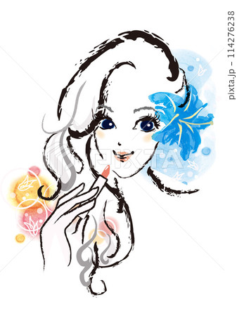 青い花の髪飾りを付けたリップを塗る女性 114276238