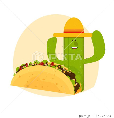 Taco and smiling character cactus in sombrero 114276283