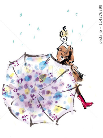 雨で大きな傘を開いているコートで赤いブーツの若い女性 114276299
