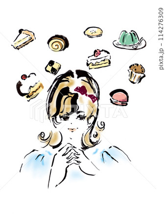 お菓子のことを想像するレトロなヘアスタイルの女の子 114276309