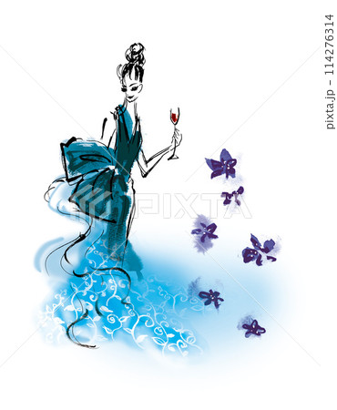 青いドレスで赤ワインを持った女性のいる幻想的な光景 青いドレスで赤ワインを持った女性のいる幻想的な光景 114276314