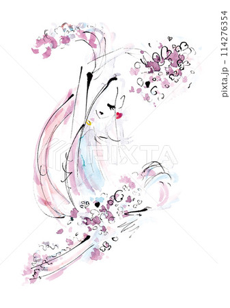 ピンクのドレスで赤いハートのイヤリングをした花と舞う女性 114276354