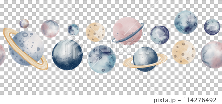 Watercolor seamless Border with Planets for baby design in pastel blue and pink colors. Cute Space Frame for childish nursery wallpaper. Cosmos Pattern with universe on isolated background. 114276492