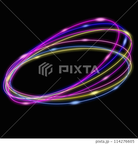 Colorful glowing neon rings in motion cyberpunk background.	 114276605