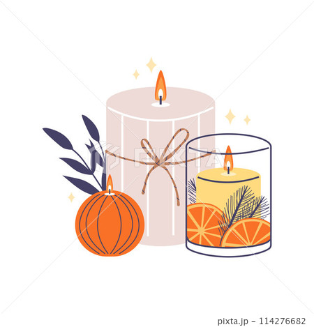 Aroma candles perfume fragrance, orange slice and spruce sprig, burning decorative candle vector relaxation aromatherapy 114276682