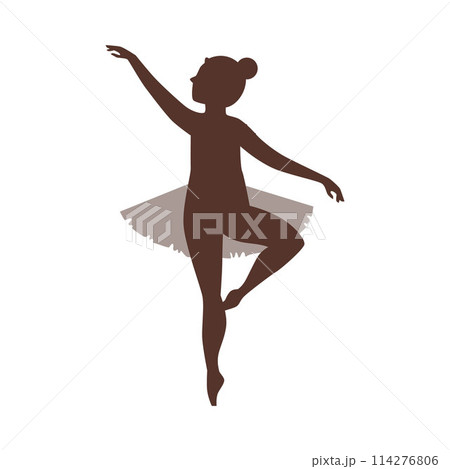 Beautiful young ballerina in tutu standing on toes vector silhouette, cartoon classical ballet dance child performance 114276806