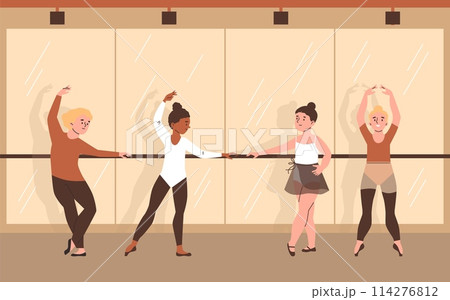 Young boy and girls ballet dancers classical dance performance in ballet class, vector cartoon grace children training Young boy and girls ballet dancers classical dance performance in ballet class, vector cartoon grace children training 114276812