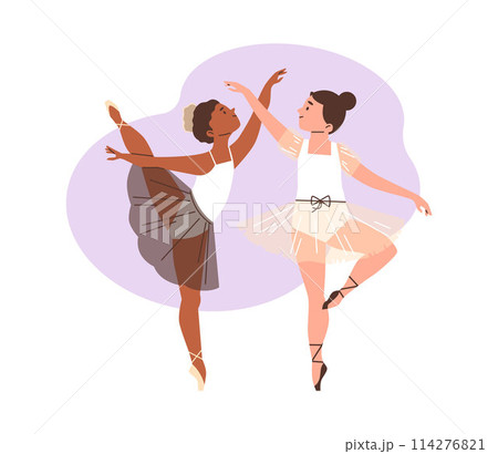 Beautiful young ballerinas in tutu skirt standing on toes, vector cartoon grace two girls ballet dance performance 114276821