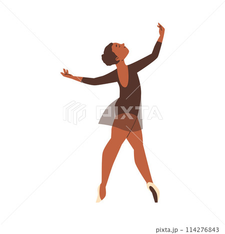 Beautiful young ballerina in tutu skirt standing on toes, vector cartoon grace girl classical ballet dance performance 114276843