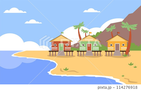 Vector images three wooden huts on the background of a beach with sea and mountain Vector images three wooden huts on the background of a beach with sea and mountain 114276918