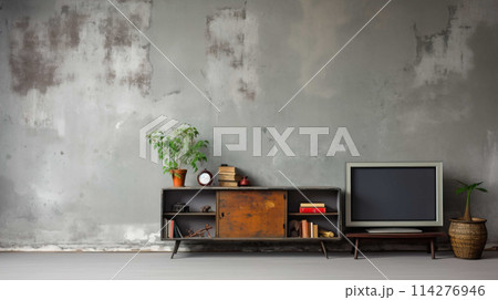A nostalgic retro living room with a TV on a cabinet and book shelves in front of a textured ruined gray plaster wall  , Generate AI 114276946