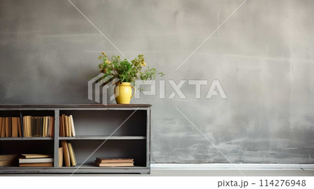 A nostalgic retro living room with a TV on a cabinet and book shelves in front of a textured ruined gray plaster wall  , Generate AI 114276948