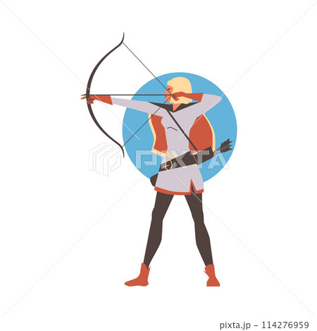 Scandinavian warrior woman with bow, flat vector art. 114276959