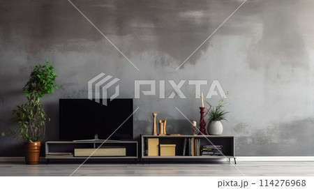 A nostalgic retro living room with a TV on a cabinet and book shelves in front of a textured ruined gray plaster wall  , Generate AI 114276968