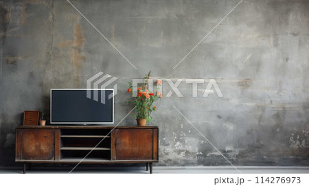 A nostalgic retro living room with a TV on a cabinet and book shelves in front of a textured ruined gray plaster wall  , Generate AI 114276973