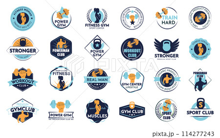 The set of gym club badges in a vector Illustration. Big collection labels for sport design 114277243