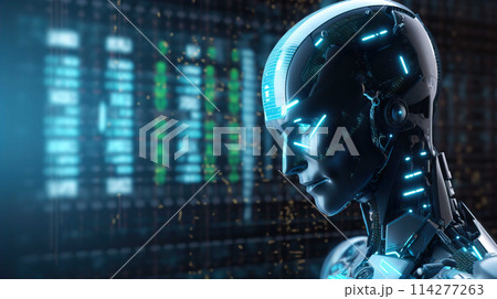 Artificial intelligence robot and binary ,Hologram of the artificial intelligence robot showing up from binary code , Generate AI 114277263