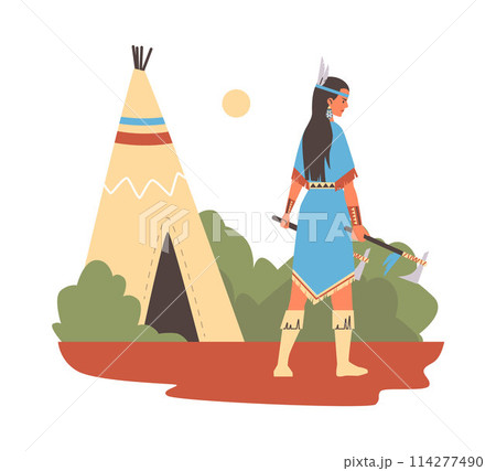 Native American woman with tomahawk vector illustration 114277490