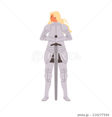 Beautiful blond woman dressed suit of armor, medieval knight, vector cartoon warrior woman with sword ancient knight 114277504