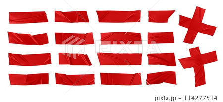 Red duct tape. Scotch glued stripe for repair packaging, adhesive sticker insulating patch crumpled strips sticky color paper plastic tapes, realistic nowaday vector illustration Red duct tape. Scotch glued stripe for repair packaging, adhesive sticker insulating patch crumpled strips sticky color paper plastic tapes, realistic nowaday vector illustration 114277514